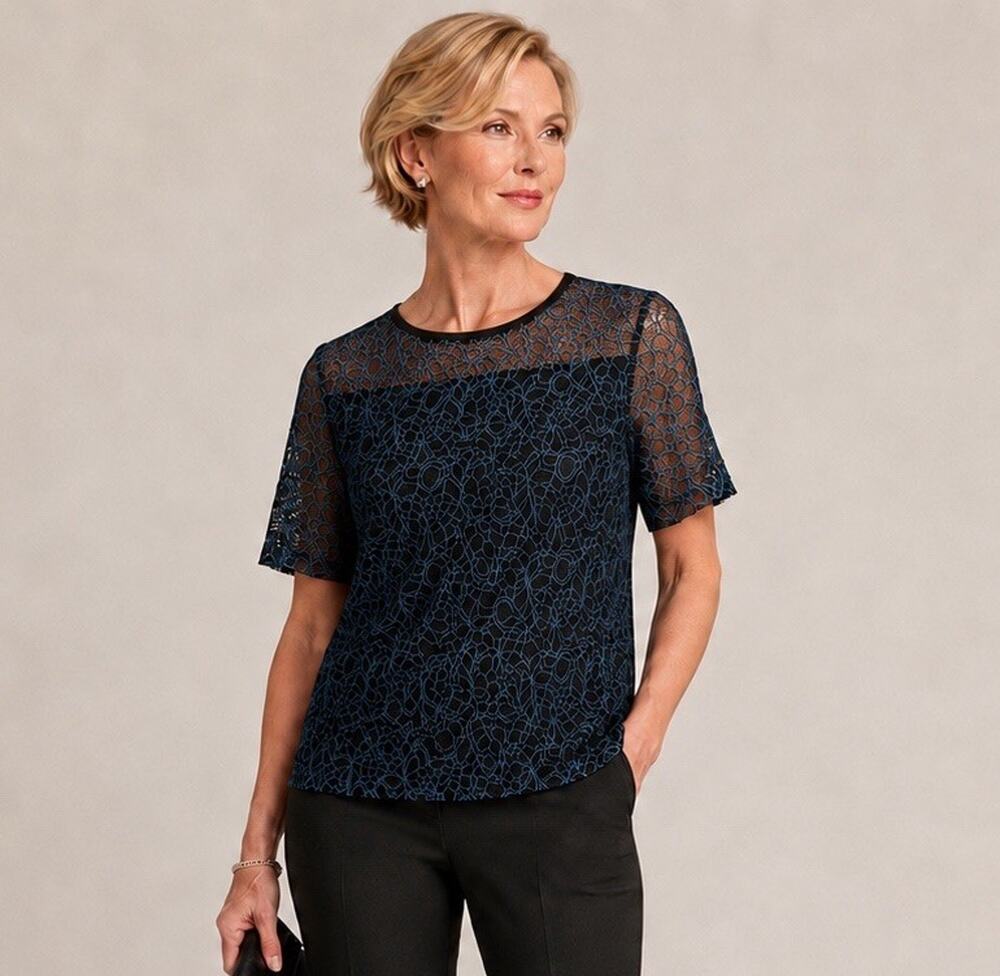 NWT St. John Black Teal Floral Lace Short Sleeve Blouse Top M MSRP $895 2024